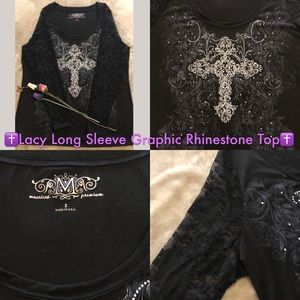Lacy Long Sleeve Rhinestone Graphic Top